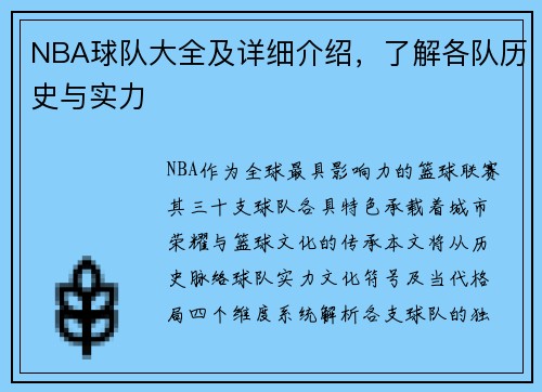 NBA球队大全及详细介绍，了解各队历史与实力
